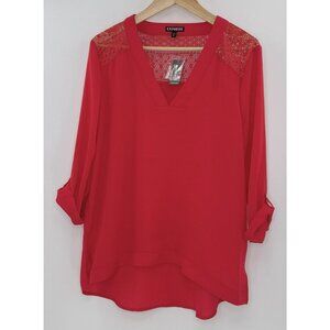 NWT Express Cherry Red‎  Chiffon Roll Tab Slv Hi-Low Blouse L Lace Back Preppy